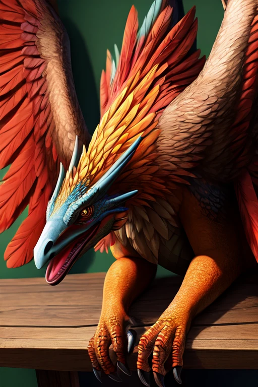  Colorful feathered Dead wyvern laying on the table. Wings spread out. Strapped to the table. Mouth open, close up. Photorealistic. Head on the edge of the table