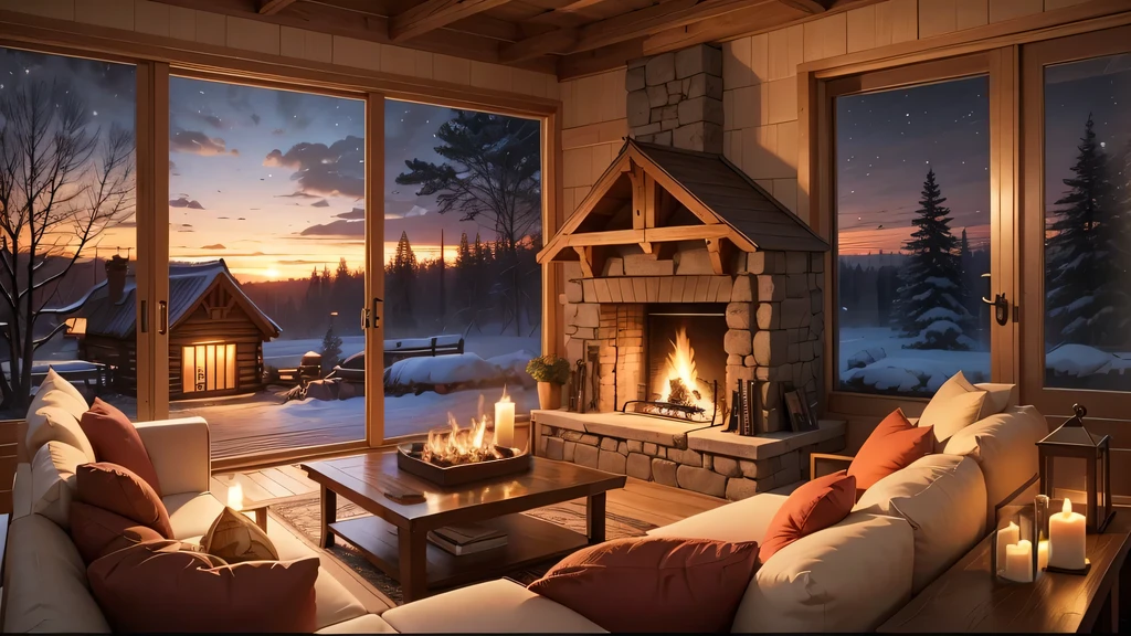 Cartoon background of wooden house living room, This night outside](Comfortable atmosphere), (Soft lighting), Bright stone fireplace fire, This is the best night, Transparent glass window