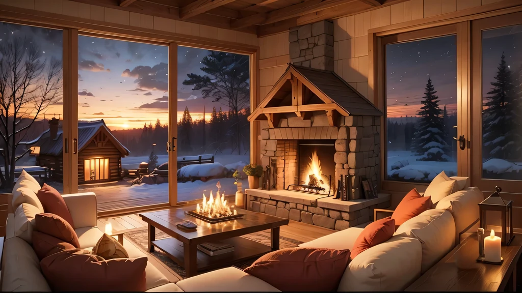 Cartoon background of wooden house living room, This night outside](Comfortable atmosphere), (Soft lighting), Bright stone fireplace fire, This is the best night, Transparent glass window