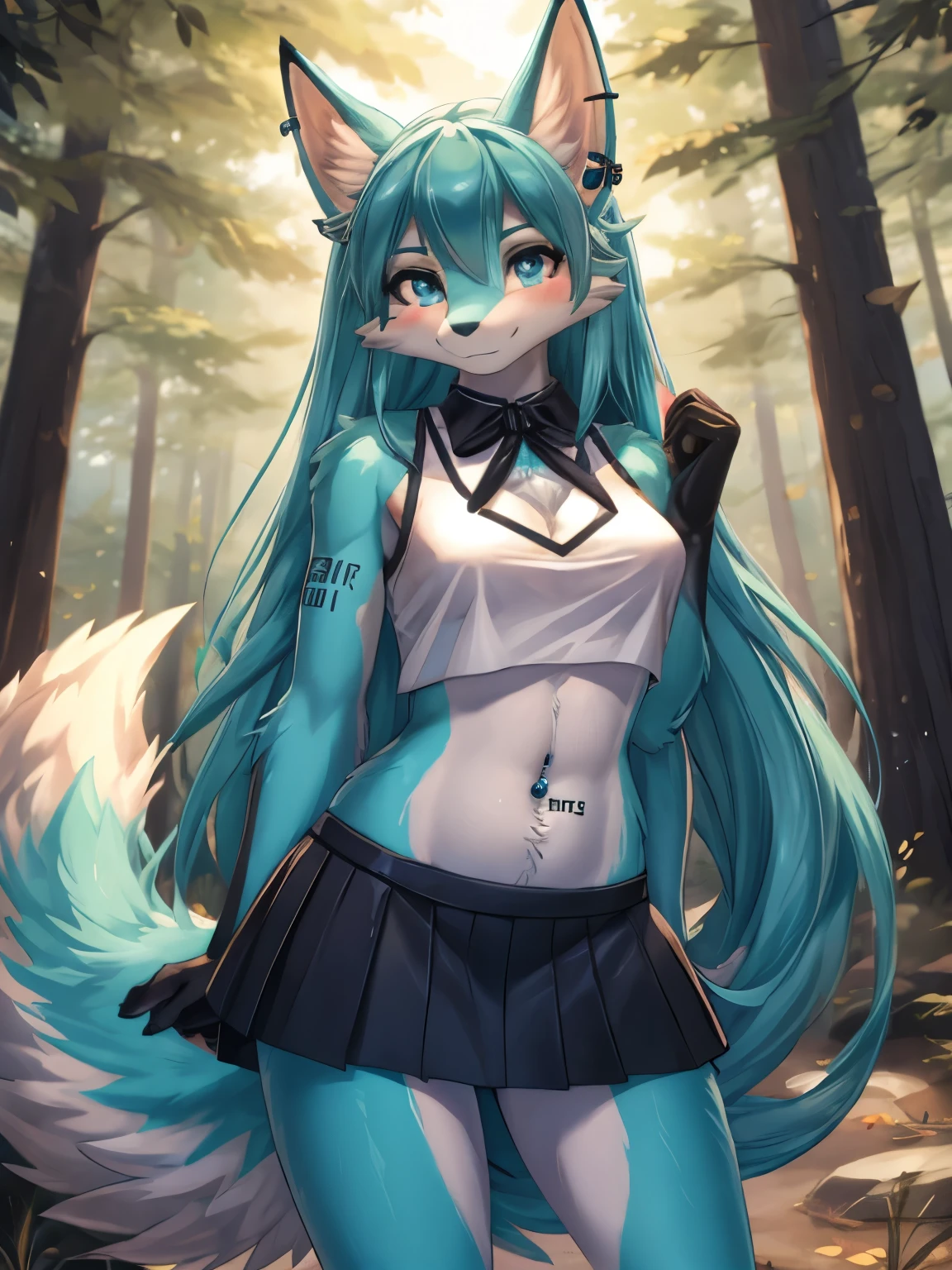 Chica anime, anime style, cute hatsune miku x suicune, shy girl , Orejas de Kitsune, arte de dark natasha, autum forest landscape, arte de vixen aztra, cuerpo completo, patas hermosas, cintura delgada, caderas amplias, piernas torneadas, hermosa, foto de cuerpo completo, sensual navel blouse, black mini skirt, navel piercing, ear piercing, navel tattoo, shy pose, beatifull and detailed hands, cheerleader