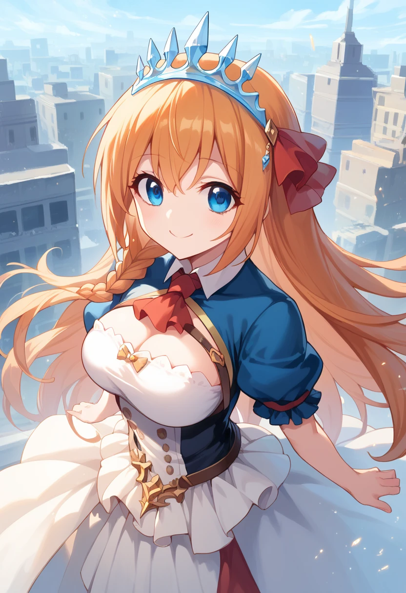 anime style, high view, pecorine, mature female, blue eyes, big chest, hair ornament, long hair, orange hair, tiara, braid, hair braid, standing, smile, hand back body, city, future city theme, Volumetric light, Volumetric particles,