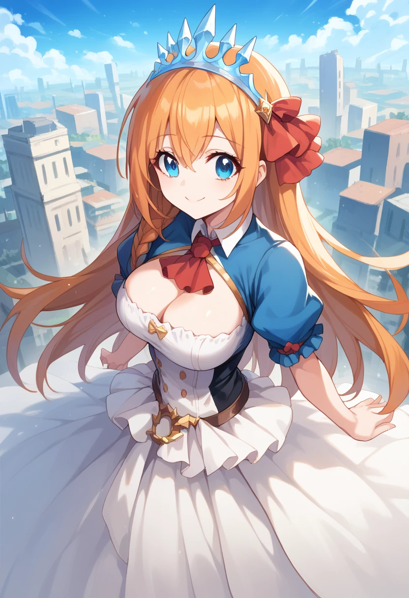 anime style, high view, pecorine, mature female, blue eyes, big chest, hair ornament, long hair, orange hair, tiara, braid, hair braid, standing, smile, hand back body, city, future city theme, Volumetric light, Volumetric particles,