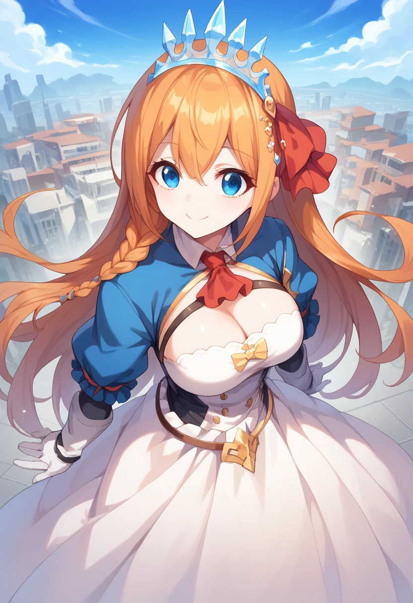 anime style, high view, pecorine, mature female, blue eyes, big chest, hair ornament, long hair, orange hair, tiara, braid, hair braid, standing, smile, hand back body, city, future city theme, Volumetric light, Volumetric particles,