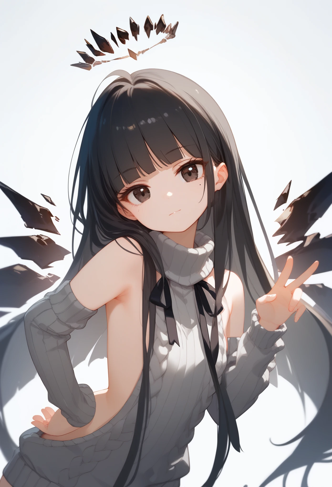 (score_9, score_8_up, score_7_up), 1girl, VirtuosaBase, cute, (chibi:0.7), black hair, blunt bangs, long hair, broken halo, energy wings, black eyes, mole under right eye, small breasts, virgin killer sweater, detached sleeves, gray sweater, single hand victory pose, hand on hip, leaning forward, looking at viewer, upper body, zoom out, white background,