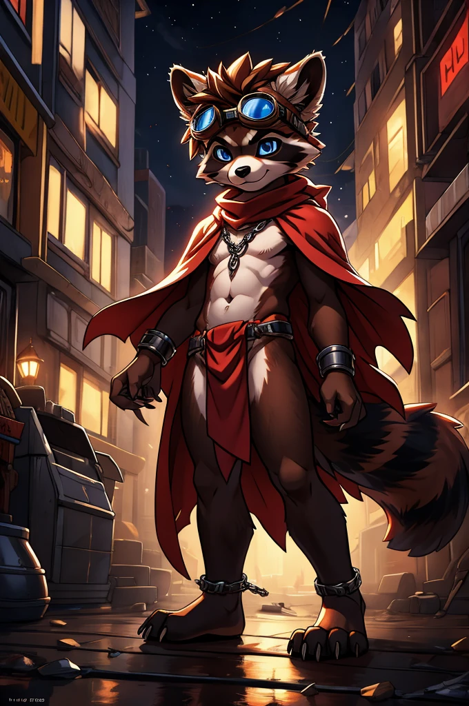 feno lighting, deep shadow, dynamic angle, masterpiece, high quality, hi res, solo, young Furry, furry, young, raccoon, spiked brown hair only on head, red scarf, blue eyes, goggles, chain harness, red loincloth, red cape, masterpiece, detail body, fur all over body, detailed face, detailed eyes, detailed hands, Skinny, claws, high resolution, metal cuffs on wrists, no shirt, no underwear, city, night, street, side view