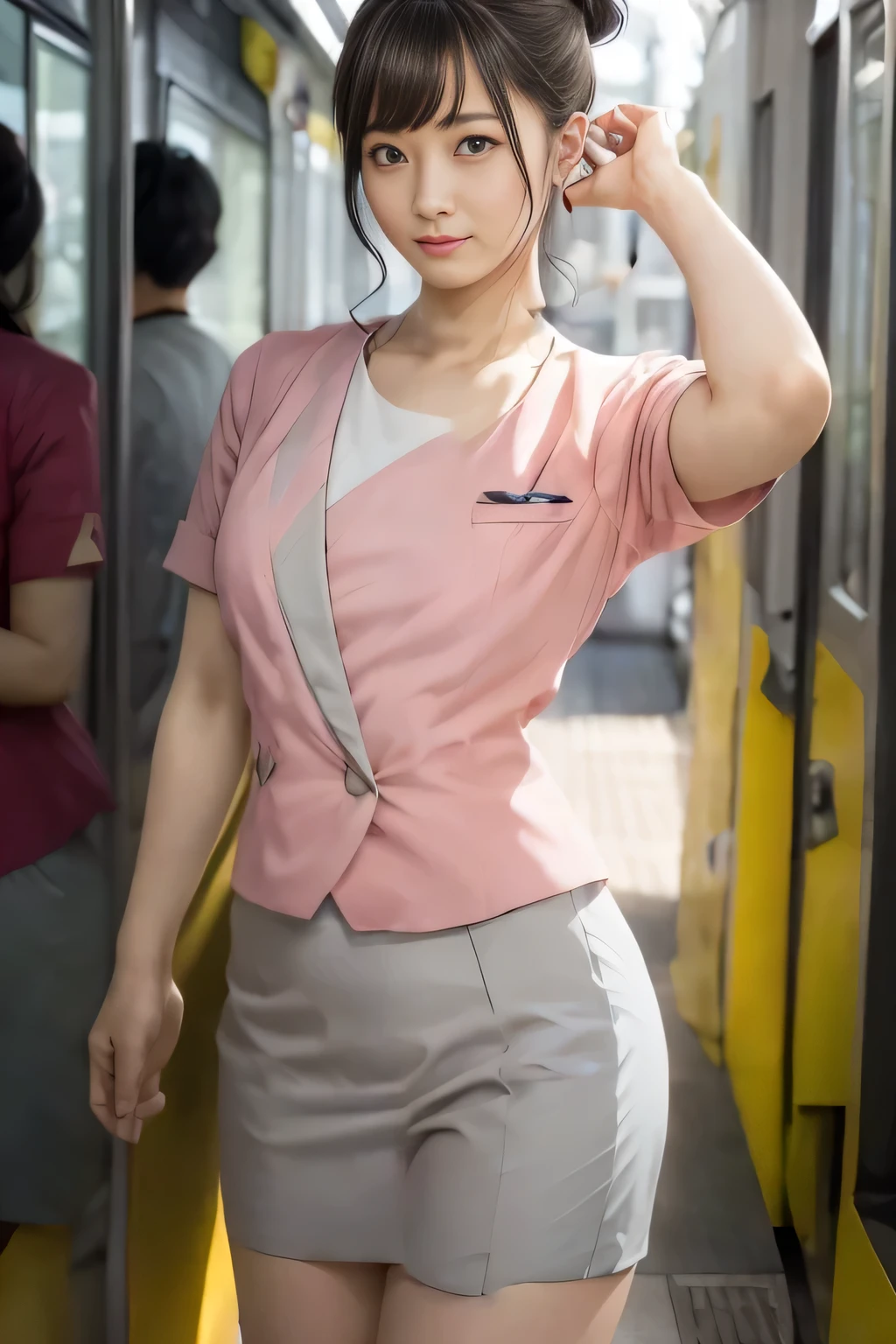(masterpiece:1.2, Highest quality:1.2), 32K HDR, High resolution, (alone、1 girl)、(On the rooftop of a building in the daytime、Professional Lighting)、Building rooftop background、(Nankai train crew uniform pinkを着たリアルスタイル)、(Nankai train crew uniform pink short sleeve collarless pink jacket、Nankai Train Crew Uniform Pink Collarless Short Sleeve Blouse、Nankai Train Crew Uniform Pink Grey Knee-length Culottes)、((The bottom of the pink short-sleeved jacket cannot be tucked into the clay-colored culottes.))、Dark brown hair、(Hair tied up、Hair Bun、Hair Bun)、Dark brown hair、Long Shot、Big Breasts、Thin legs、((Great hands:2.0)),((Harmonious body proportions:1.5)),((Normal limbs:2.0)),((Normal finger:2.0)),((Delicate eyes:2.0)),((Normal eyes:2.0)))、(Nankai Train Crew Uniform Pink Grey Knee-length Culottesを見せた美しい立ち姿)、smile