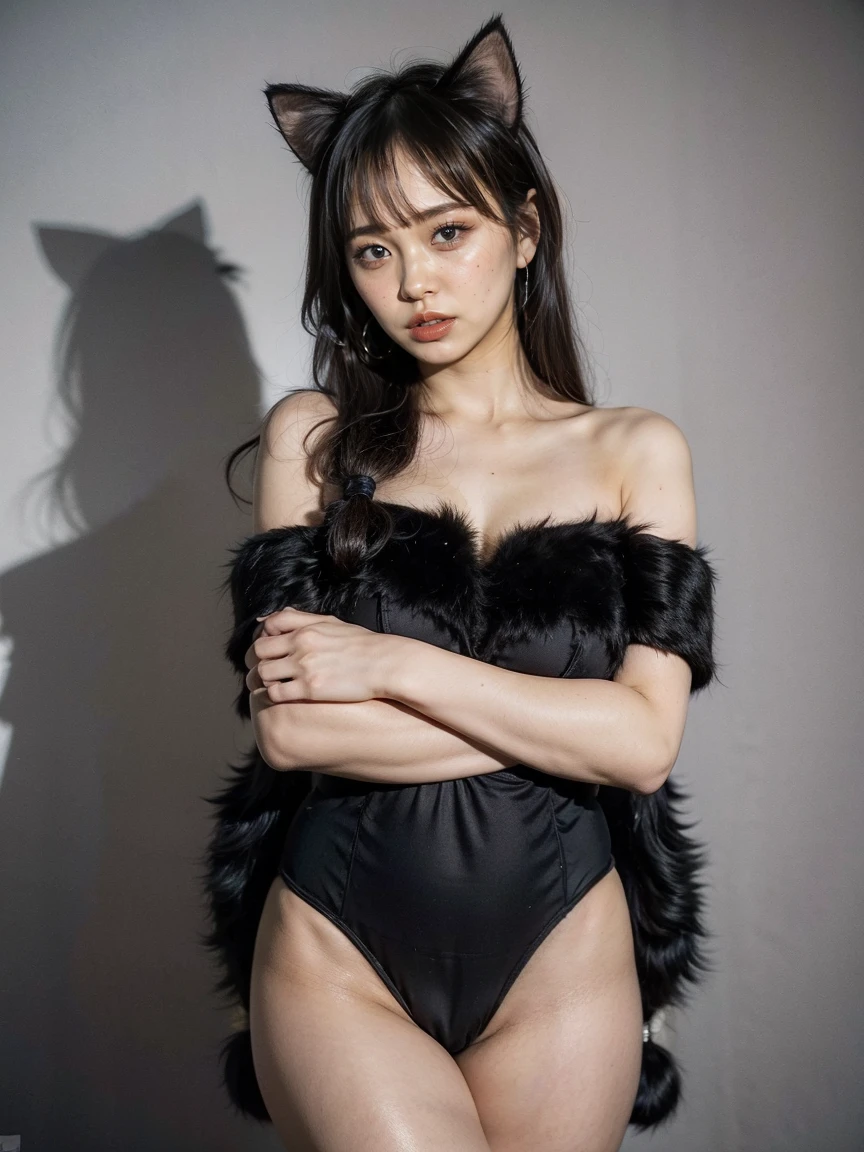 (Black Theme), ((Wearing a fluffy fur leotard:1.4)), ((Off the shoulder)), (Cat ear:1.5), ((A cat&#39;s tail grows from its tailbone:1.5)), Very detailed, (Large Breasts:1.5), Cleavage, (Twin tails:1.5),(Blunt Bang:1.8), (Garter belt 1.5), (Fur gloves), (Fluffy fur knee-high socks:1.5), choker, necklace,Bedroom, Realistic, Cinema Lighting, 8k, masterpiece, Vibrant colors, Dramatic Shadows, Dynamic pose, (whole body, Long Shot, Standing pose)