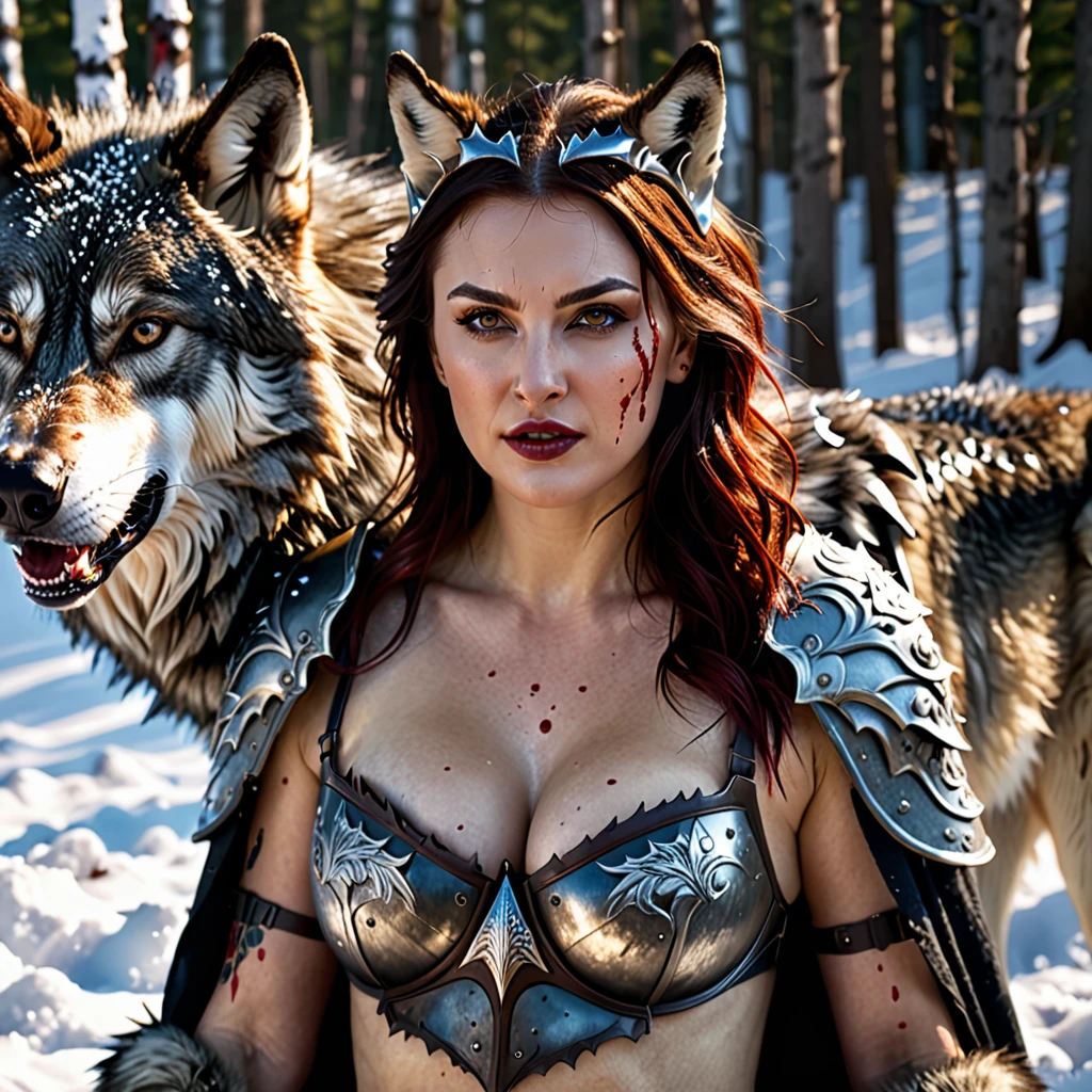 4k highly detailed realistic digital extremely high quality RAW photograph, a portrait photo of Sanna Marin that lived with wolves her whole life is now leading them to battle. torn clothes exposing (nude:1.4) body, armored pauldrons, fangs, curled horns, big breasts, ((snow and blood)), ((wolf tattoos)), epic, hyperrealistic, hyperrealism, 8k, cinematic lighting, greg rutkowski, wlop, (f1.8 short focus bokeh)