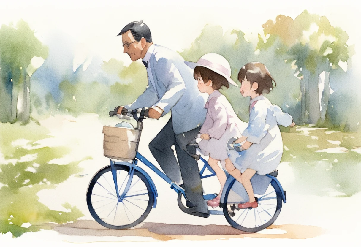 (Highest quality、masterpiece)、(5  girl riding a bicycle)、(Assisting Dad:1.2)、(Children's bicycles、whole)、(From the side)、(Cute face)、short hair、White clothes、shoes、(No background)、White Background、Blur the background、(Watercolor of singer Sargent)、Impressionist style painting、