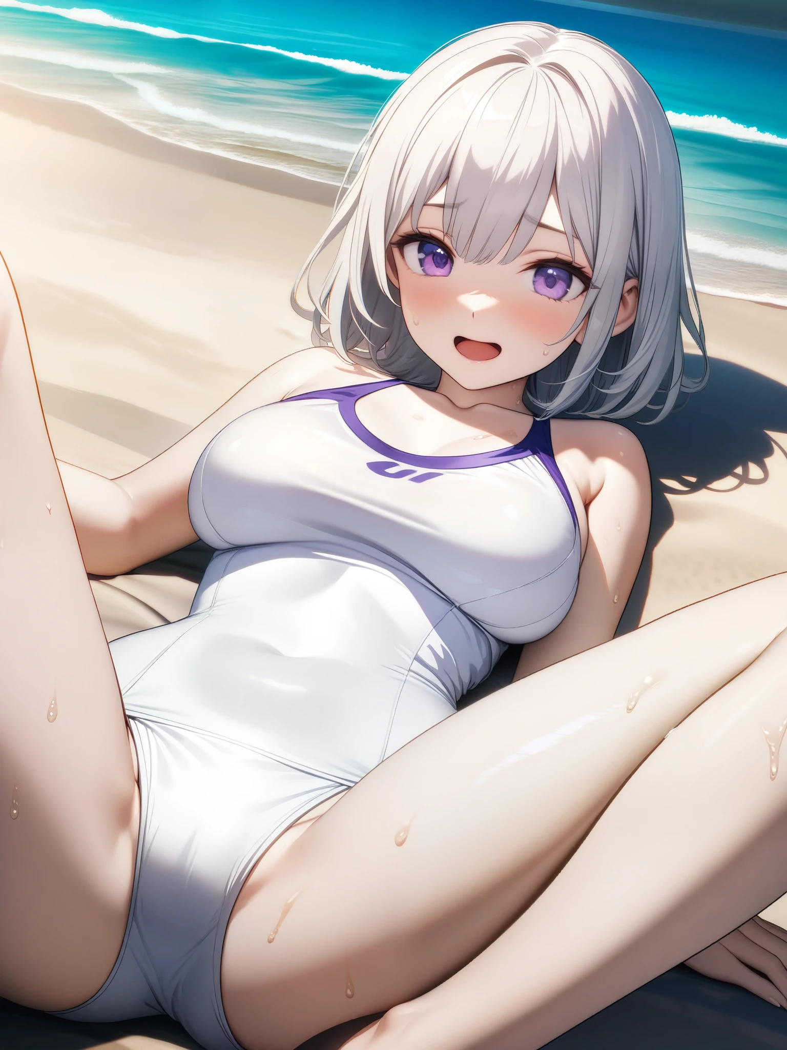 32k, best quality, ultra high res, HDR, UHD, extremely detailed CG, unity 32k wallpaper, very cute, , 1 person, Purple eyes, (White competitive swimsuit), Beach, White short hair, (large breasts), Laugh shyly, Lie down, (Spread your legs wide), Sweat, 