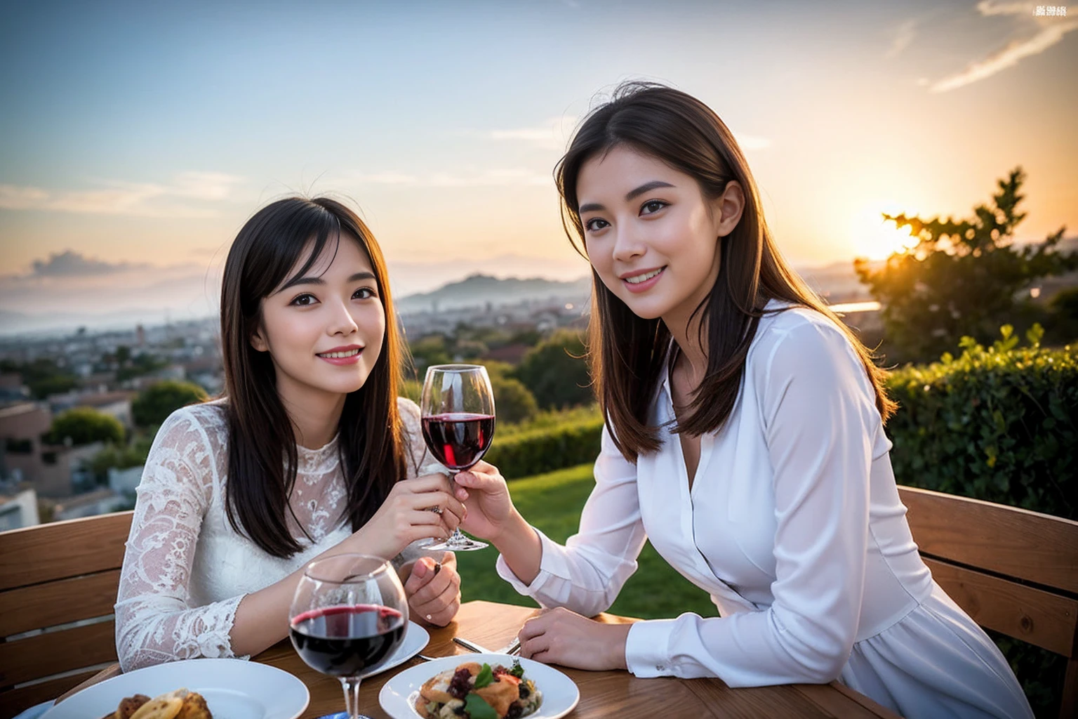 ((Highest quality、8k、masterpiece:1.3))、 (Genuineistic, Genuine、Bright image、Intricate details:1.2), Best smile 1 man 1 woman、Beautiful Couple、spouse、Couple、spouse、Beautiful Couple、Smile、full-course dinner、 (Slim face), (The body is slim), (Brown Hair), (short hair), テーブルの上のwine glass、Please shine a light on my face、 Amazing view of the sunset sky and clouds、 (age 34), 41 years old, red wine 、Appetizers、Wine bottle、sparkling wine、Long sleeve shirt、dress、White wine, red wine, wine glass,