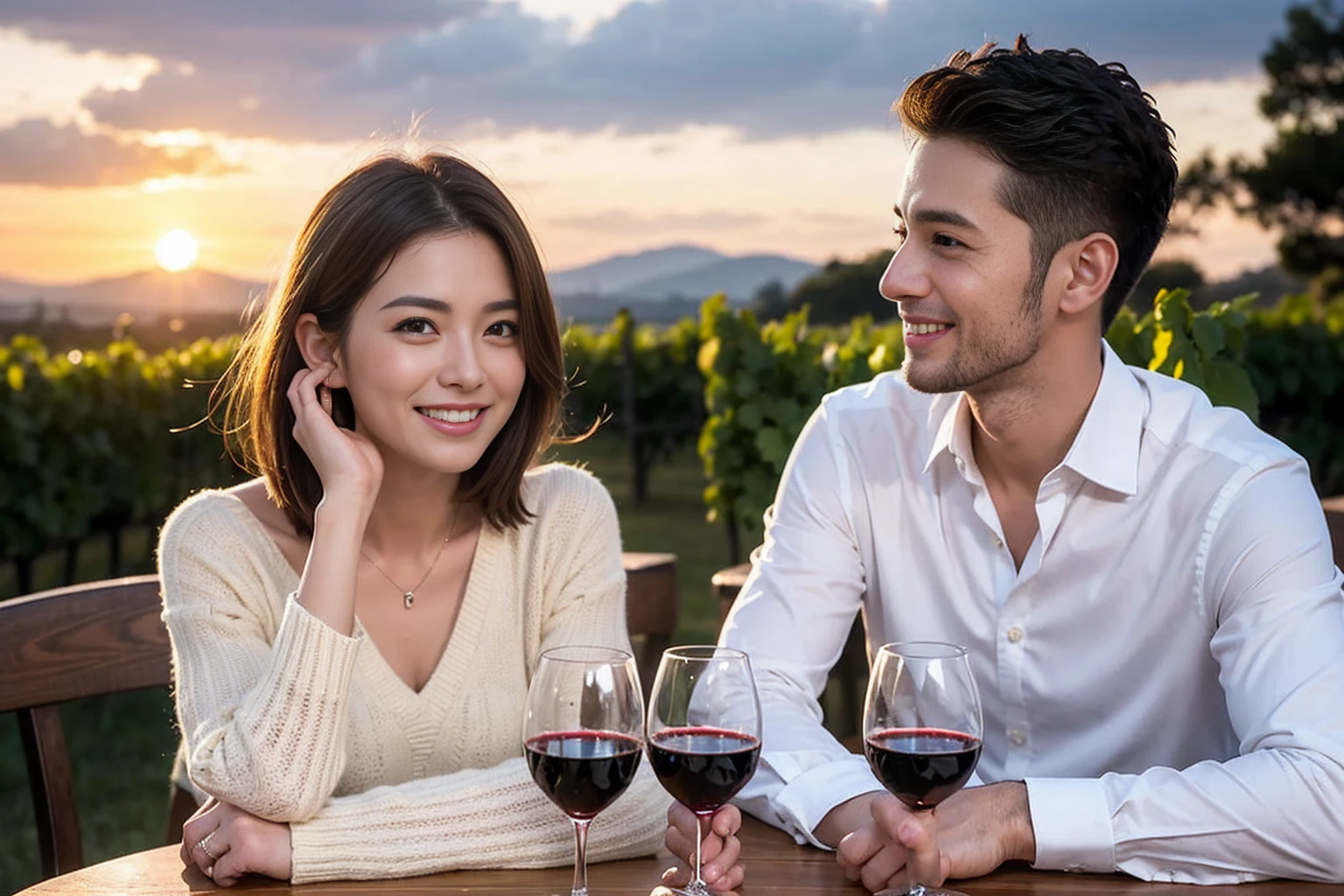 ((Highest quality、8k、masterpiece:1.3))、 (Genuineistic, Genuine、Bright image、Intricate details:1.2), Best smile 1 man 1 woman、Beautiful Couple、spouse、Couple、spouse、Beautiful Couple、Smile、full-course dinner、 (Slim face), (The body is slim), (Brown Hair), (short hair), テーブルの上のwine glass、Please shine a light on my face、 Amazing view of the sunset sky and clouds、 (age 34), 41 years old, red wine 、Appetizers、Wine bottle、sparkling wine、Long sleeve shirt、dress、White wine, red wine, wine glass,