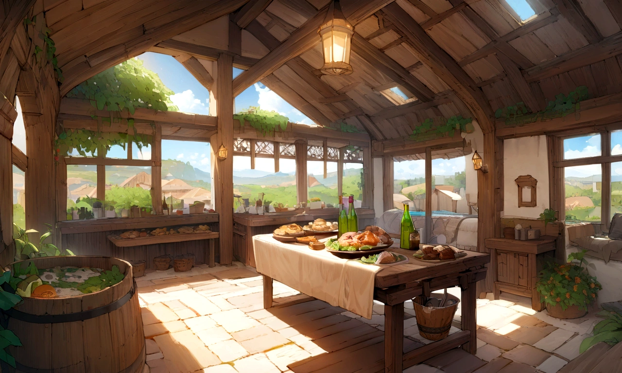 ((((masterpiece, Best Quality, High resolution)))), High detail, manga，anime，Illustrated style，Use of bright colors，Color scheme reminiscent of a daytime scene from a Ghibli studio, Medieval European fantasy worldview, Holiday home with pool, Sophisticated interior,There are many large beds lined up, A table in the center,The sunlight is streaming in through the window、A sparkling drink in the sunlight, Large space，No humans， RPG-like scenery, There is beer, wine and delicious food on the table., The sky is bright blue、Fluffy white clouds floating, And the sun is shining brightly, Create a magical and cozy atmosphere, Bright daytime atmosphere.