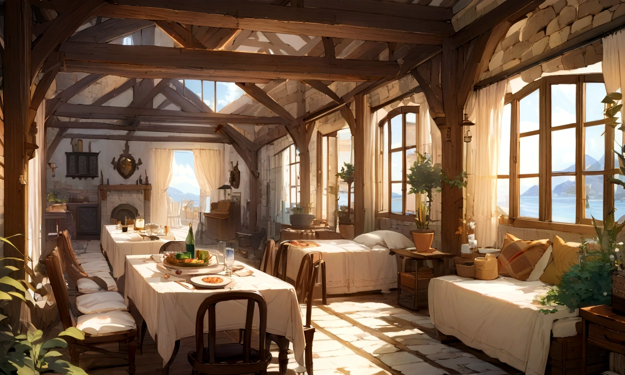 ((((masterpiece, Best Quality, High resolution)))), High detail, manga，anime，Illustrated style，Use of bright colors，Color scheme reminiscent of a daytime scene from a Ghibli studio, Medieval European fantasy worldview, Holiday home with pool, Sophisticated interior,There are many large beds lined up, A table in the center,The sunlight is streaming in through the window、A sparkling drink in the sunlight, Large space，No humans， RPG-like scenery, There is beer, wine and delicious food on the table., The sky is bright blue、Fluffy white clouds floating, And the sun is shining brightly, Create a magical and cozy atmosphere, Bright daytime atmosphere.