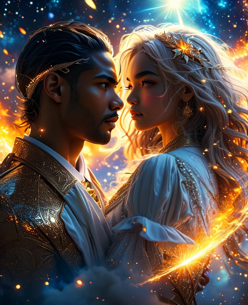 In a celestial dreamland landscape, people dressed luxuous, differents faces, they are all brown skin, (((in 40's))) (((two brown skin men and two brown skin whitehair:1.7 woman))), (((two young brown skin long brown hair prine:1.3))), (((one brown skin whitehair1.5 woman))) and (((one white hair woman1.3))) trying to kill him with powers, dangerous scene, war, battle, luminuous stars, chaos, fire, destrctions, 8K, extremely detailed, high quality, (photorealistic:1.37), Full body, vibrant colors, perfect lighting, soulful expressions, celestial aura, majestic presence, dreamlike atmosphere, 8 k artistic photography, photorealistic concept art, soft natural volumetric cinematic perfect