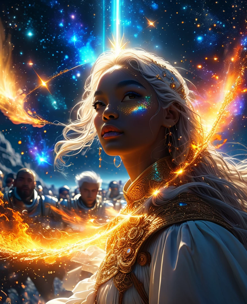 In a celestial dreamland landscape, people dressed luxuous, differents faces, they are all brown skin, (((in 40's))) (((two brown skin men and two brown skin whitehair:1.7 woman))), (((two young brown skin long brown hair prine:1.3))), (((one brown skin whitehair1.5 woman))) and (((one white hair woman1.3))) trying to kill him with powers, dangerous scene, war, battle, luminuous stars, chaos, fire, destrctions, 8K, extremely detailed, high quality, (photorealistic:1.37), Full body, vibrant colors, perfect lighting, soulful expressions, celestial aura, majestic presence, dreamlike atmosphere, 8 k artistic photography, photorealistic concept art, soft natural volumetric cinematic perfect 
