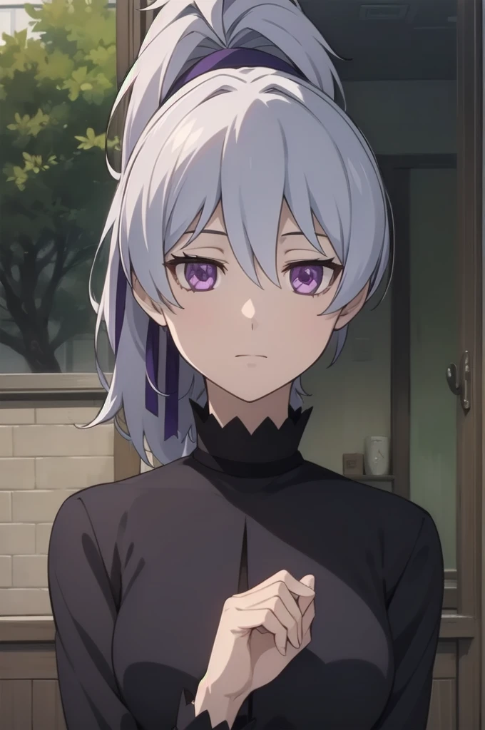 masterpiece, Highest quality, Movie stills, One girl, alone, View your viewers, Upper Body, , Anime Coloring, , Are doing_dark_than_black, Grey Hair, Purple eyes, ponytail, black dress,