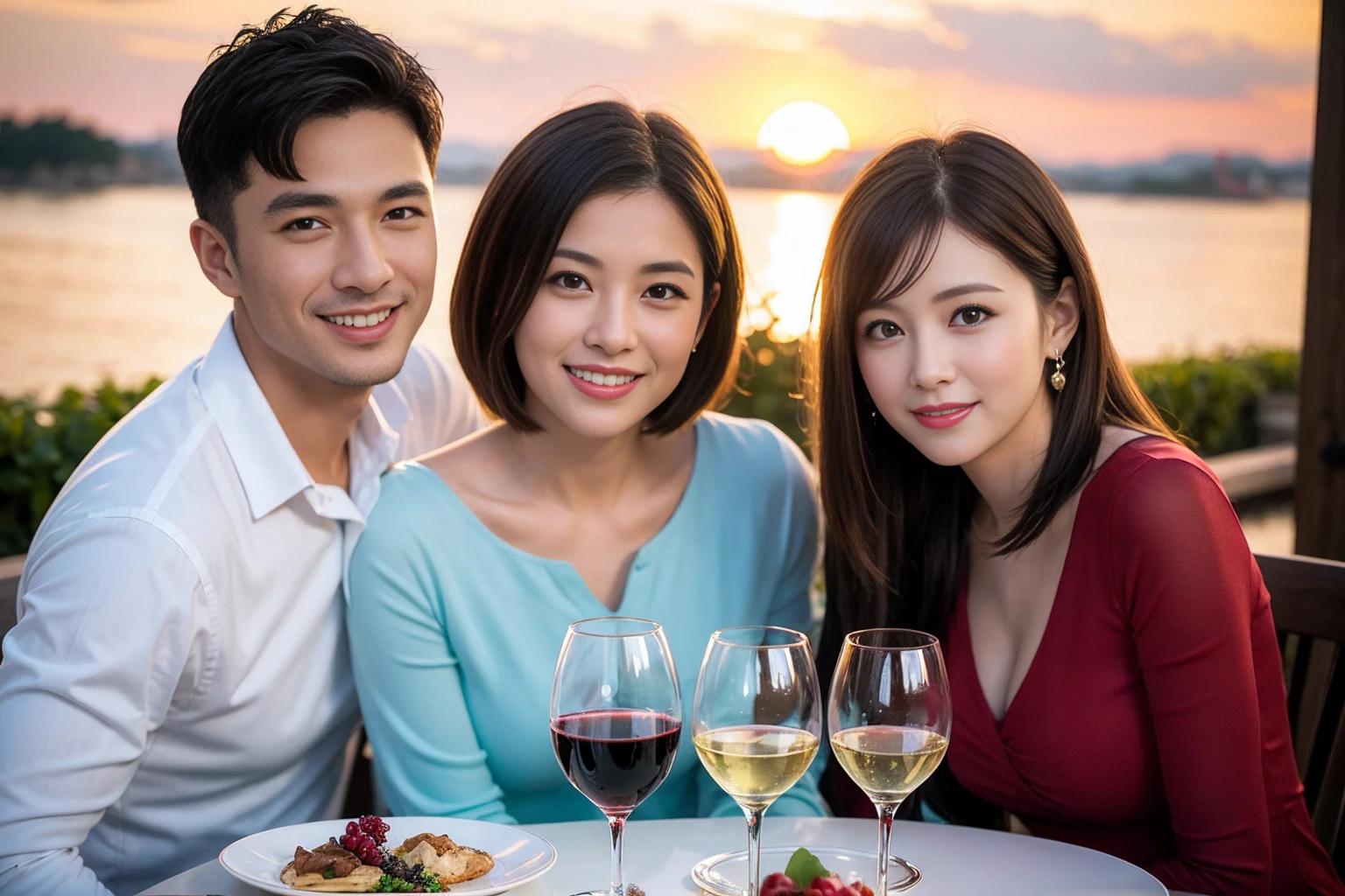 ((Highest quality、8k、masterpiece:1.3))、 (Genuineistic, Genuine、Bright image、Intricate details:1.2), Best smile 1 man 1 woman、Beautiful Couple、spouse、Couple、spouse、Beautiful Couple、Smile、full-course dinner、 (Slim face), (The body is slim), (Brown Hair), (short hair), テーブルの上のwine glass、Please shine a light on my face、 Amazing view of the sunset sky and clouds、 (Age 44), 41 years old, red wine 、Appetizers、Wine bottle、sparkling wine、Long sleeve shirt、dress、White wine, red wine, wine glass,
