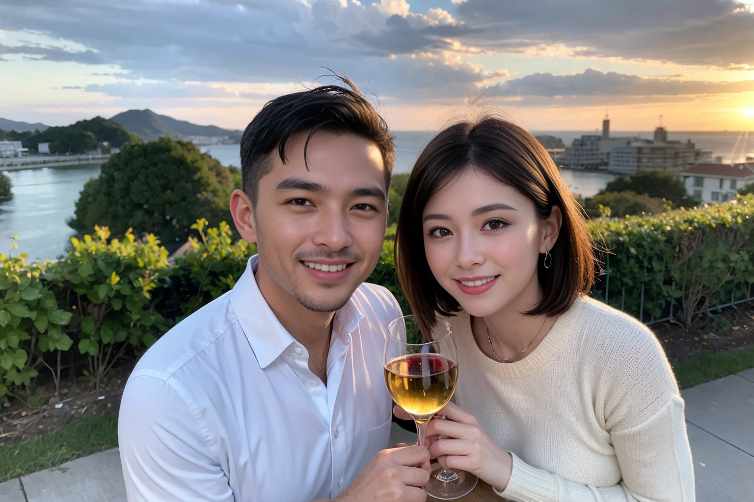 ((Highest quality、8k、masterpiece:1.3))、 (Genuineistic, Genuine、Bright image、Intricate details:1.2), Best smile 1 man 1 woman、Beautiful Couple、spouse、Couple、spouse、Beautiful Couple、Smile、full-course dinner、 (Slim face), (The body is slim), (Brown Hair), (short hair), テーブルの上のwine glass、Please shine a light on my face、 Amazing view of the sunset sky and clouds、 (Age 44), 41 years old, red wine 、Appetizers、Wine bottle、sparkling wine、Long sleeve shirt、dress、White wine, red wine, wine glass, 