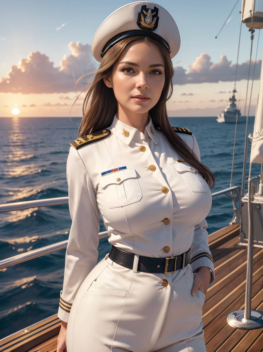 (8K,photorealistic, Raw photo, top quality;1.4) , (1 mature woman), super beauty (Realistic face) Woman in white uniform posing on a warship, big breasts, Woman in military uniform, military uniform trousers, beautiful expression, real leather, Super high resolution, Accuracy details, The deck of a warship, sunset,1 girl