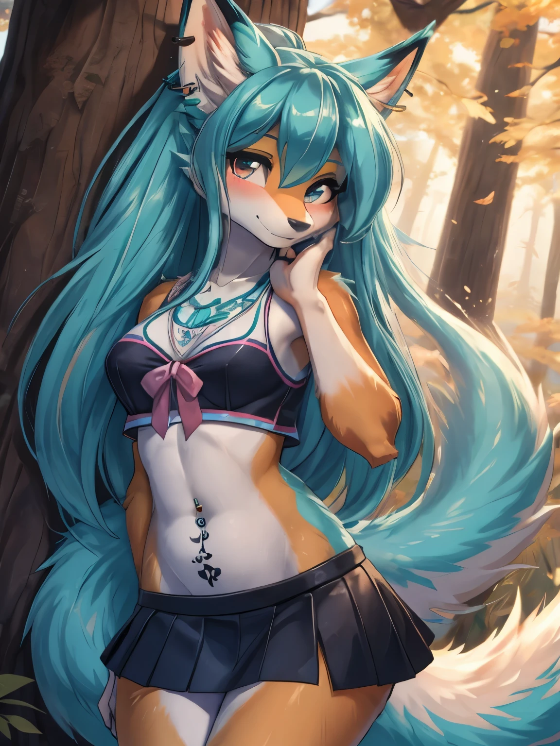 Chica anime, anime style, cute hatsune miku x suicune, shy girl , Orejas de Kitsune, arte de dark natasha, autum forest landscape, arte de vixen aztra, cuerpo completo, patas hermosas, cintura delgada, caderas amplias, piernas torneadas, hermosa, foto de cuerpo completo, sensual navel blouse, black mini skirt, navel piercing, ear piercing, navel tattoo, shy pose, beatifull and detailed hands, cheerleader