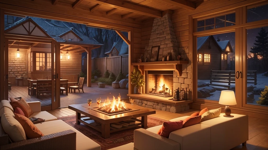 Cartoon background of wooden house living room, This night outside](Comfortable atmosphere), (Soft lighting), Bright stone fireplace fire, This is the best night, Transparent glass window
