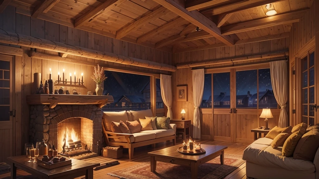 Cartoon background of wooden house living room, This night outside](Comfortable atmosphere), (Soft lighting), Bright stone fireplace fire, This is the best night, Transparent glass window