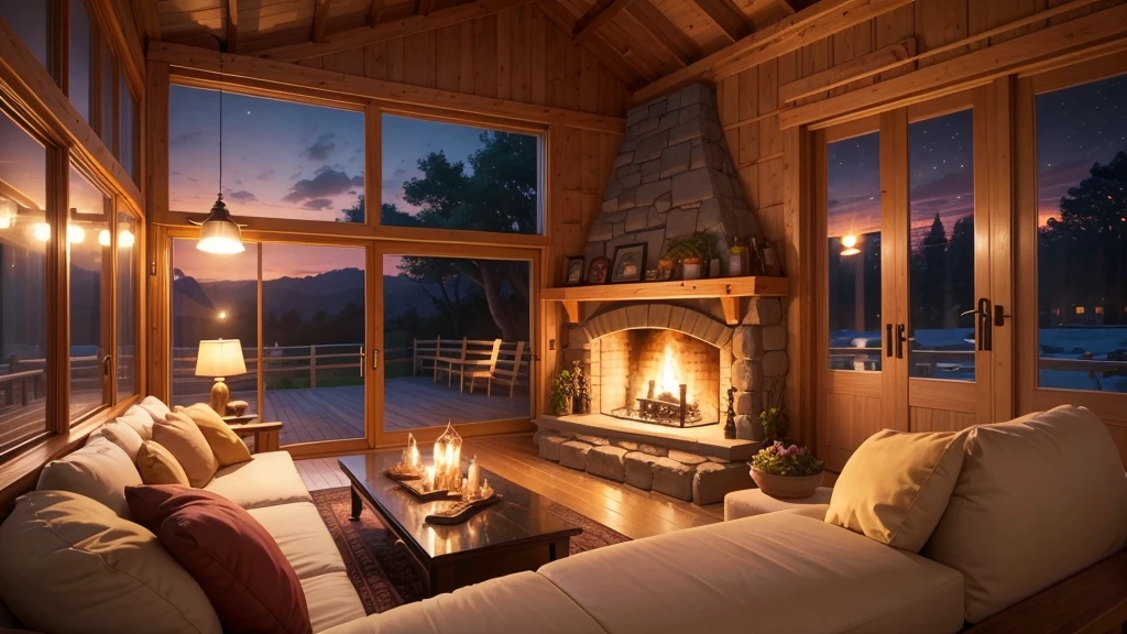 Cartoon background of wooden house living room, This night outside](Comfortable atmosphere), (Soft lighting), Bright stone fireplace fire, This is the best night, Transparent glass window