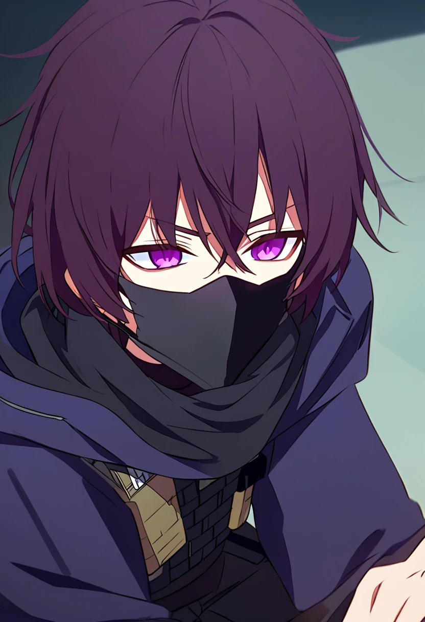 Anime male, black messy hair, purple eye color, black facemask covering both mouth and nose, black hoodie, black long scarf, black cloak, tactical vest, black pants, black shirt, serious face expression, (best quality), Tactical outfit, one person, cool