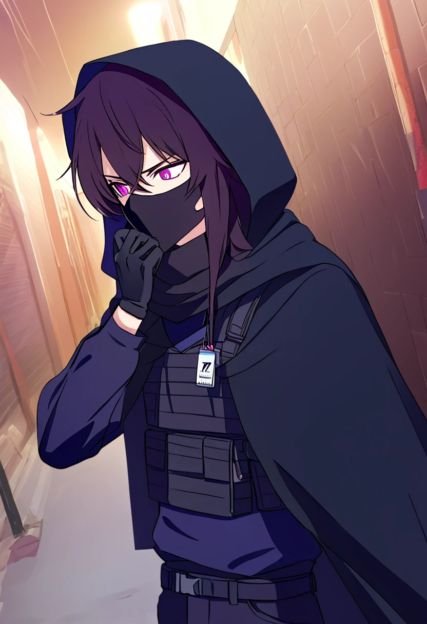 Anime male, black messy hair, purple eye color, black facemask covering both mouth and nose, black hoodie, black long scarf, black cloak, tactical vest, black pants, black shirt, serious face expression, (best quality), Tactical outfit, one person, cool