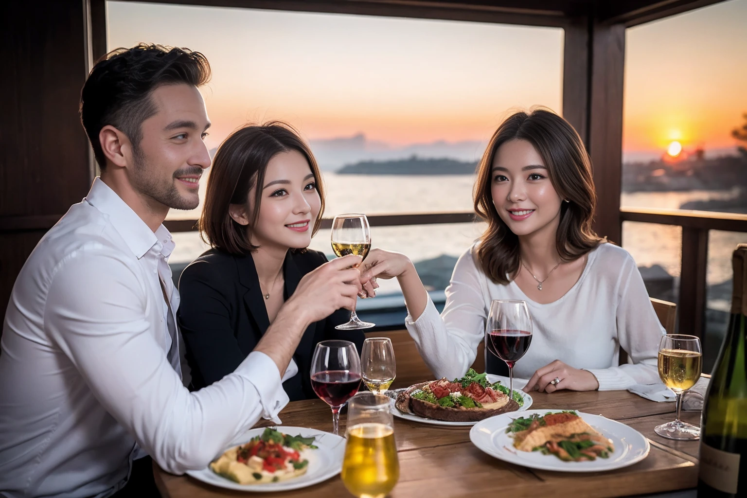 ((Highest quality、8k、masterpiece:1.3))、 (Genuineistic, Genuine、Bright image、Intricate details:1.2), Best smile 1 man 1 woman、Beautiful Couple、spouse、Couple、spouse、Beautiful Couple、Smile、full-course dinner、 (Slim face), (The body is slim), (Brown Hair), (short hair), テーブルの上のwine glass、Please shine a light on my face、 Amazing view of the sunset sky and clouds、 (age 34), 41 years old, red wine 、Appetizers、Wine bottle、sparkling wine、Long sleeve shirt、dress、White wine, red wine, wine glass,