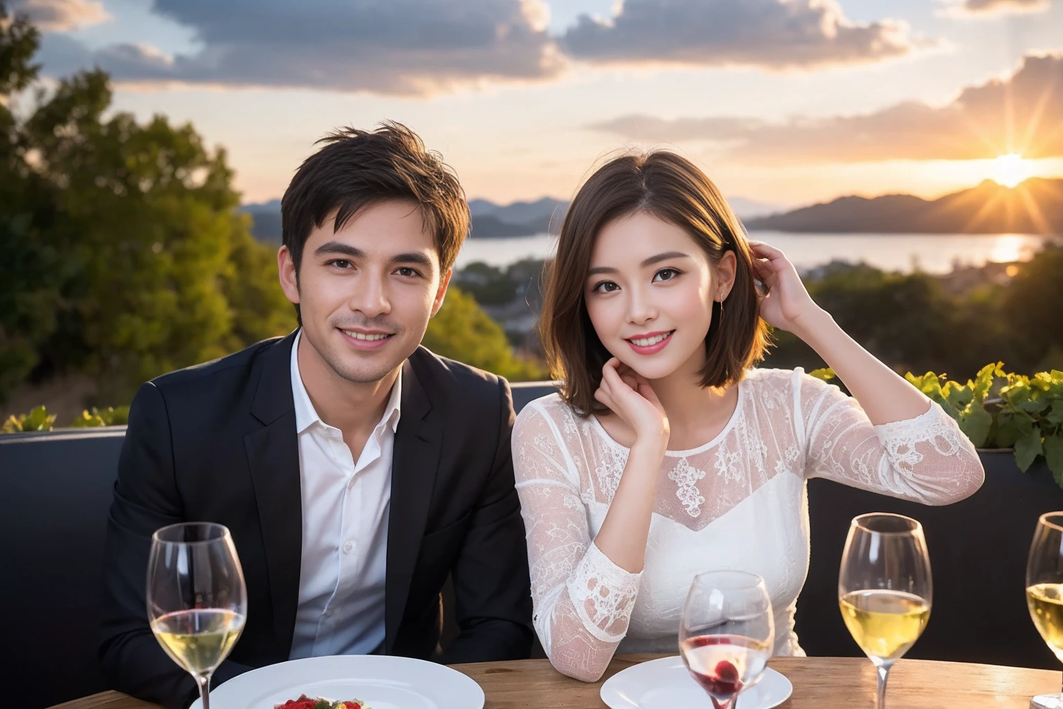 ((Highest quality、8k、masterpiece:1.3))、 (Genuineistic, Genuine、Bright image、Intricate details:1.2), Best smile 1 man 1 woman、Beautiful Couple、spouse、Couple、spouse、Beautiful Couple、Smile、full-course dinner、 (Slim face), (The body is slim), (Brown Hair), (short hair), テーブルの上のwine glass、Please shine a light on my face、 Amazing view of the sunset sky and clouds、 (age 34), 41 years old, red wine 、Appetizers、Wine bottle、sparkling wine、Long sleeve shirt、dress、White wine, red wine, wine glass, 