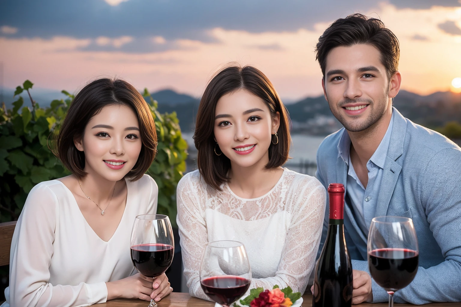 ((Highest quality、8k、masterpiece:1.3))、 (Genuineistic, Genuine、Bright image、Intricate details:1.2), Best smile 1 man 1 woman、Beautiful Couple、spouse、Couple、spouse、Beautiful Couple、Smile、full-course dinner、 (Slim face), (The body is slim), (Brown Hair), (short hair), テーブルの上のwine glass、Please shine a light on my face、 Amazing view of the sunset sky and clouds、 (age 34), 41 years old, red wine 、Appetizers、Wine bottle、sparkling wine、Long sleeve shirt、dress、White wine, red wine, wine glass,