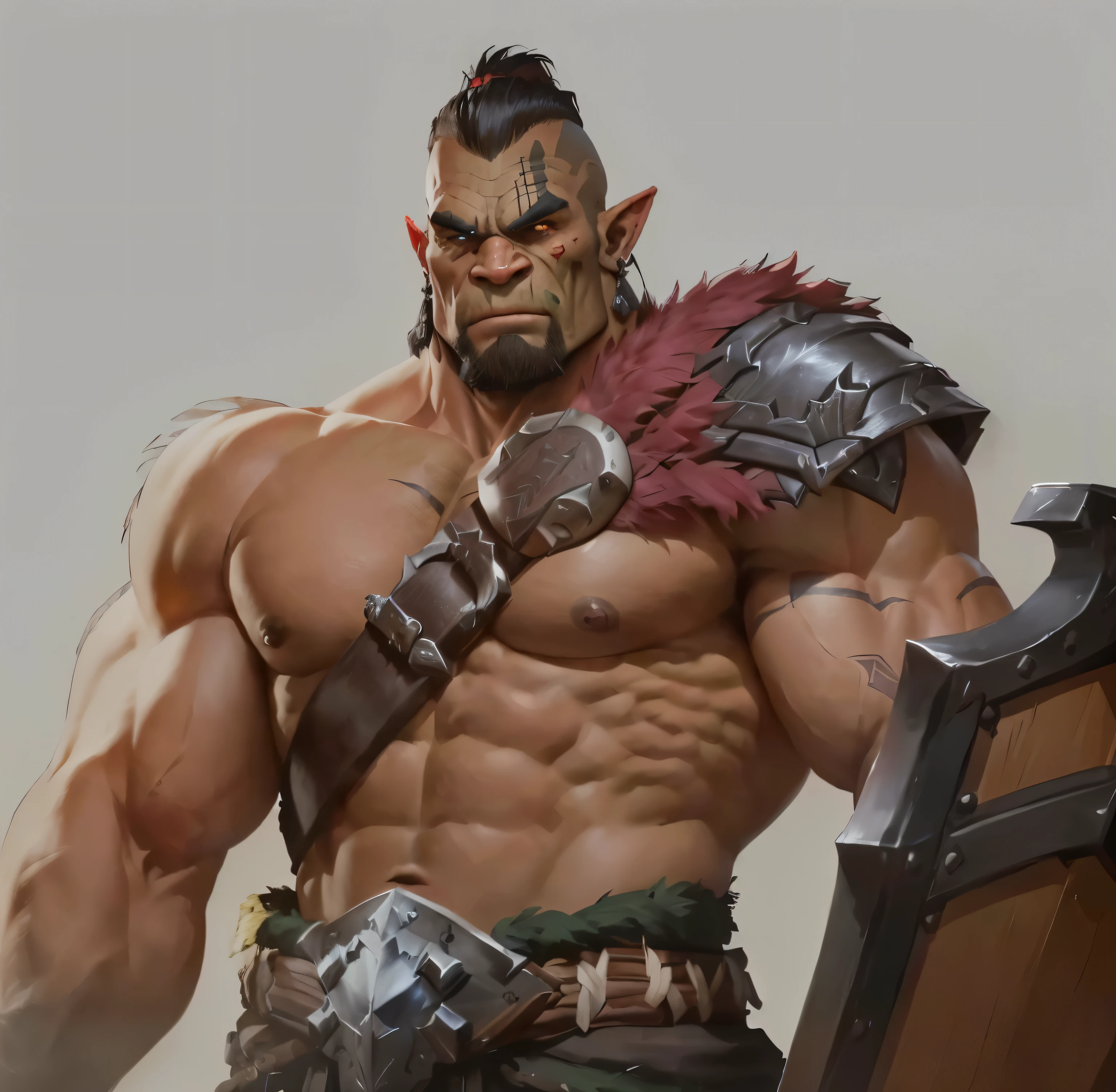 there is a man with a sword and a shield in his hand, grog strongjaw, dog - faced muscular goblin, barbarian class, berserker potrait, barbarian, portrait of an orc warrior, portrait berserker barbarian, portrait of an orc, an orc, muscular character, picture of an adult male warrior, orc, male barbarian, half - orc