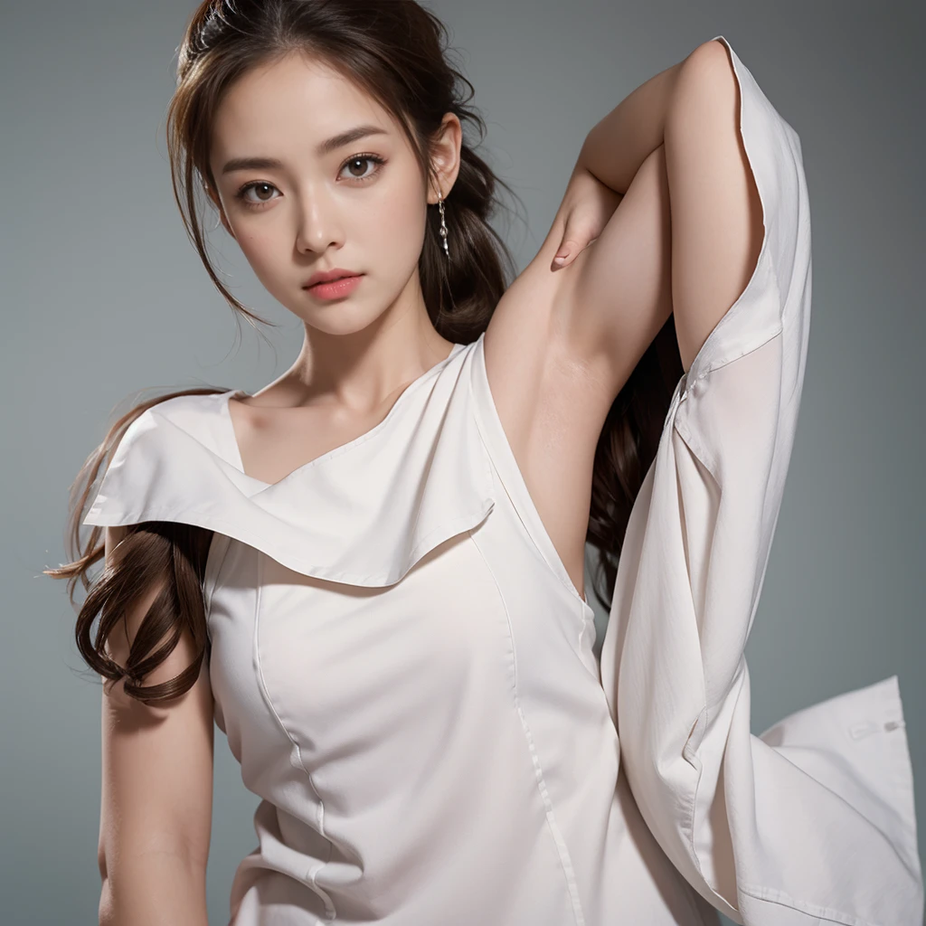 ((Highest quality)), ((masterpiece)), (detailed), Perfect Face、nurse、nurse、Show both sides、Arms folded over the head、Beautiful armpits、Beautiful big breasts、Brown Hair、ponytail、Embarrassed