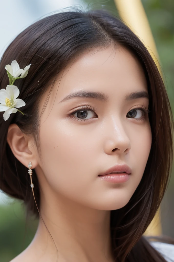 Uma linda mulher de 30 anos em um fundo de flores e rosas e ceu azul, hyper realistic style, perfeitos detalhes faciais e corporais, uhd 