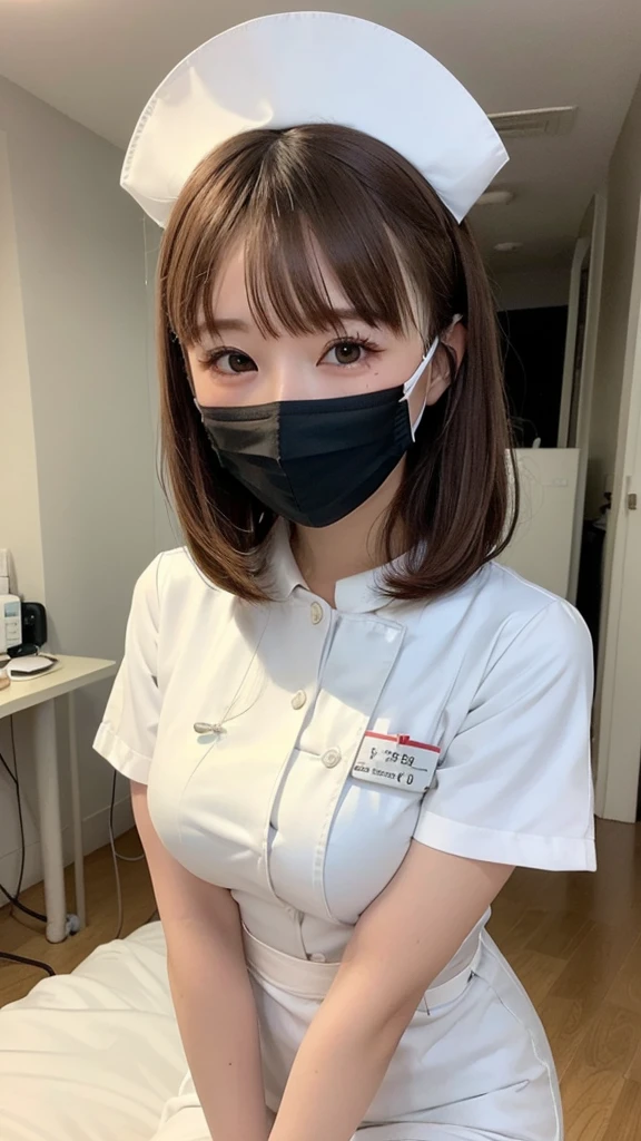 1 Girl,(Wearing white nurse clothes:1.2),(RAW Photos, Highest quality), (Realistic, photo-Realistic:1.4), masterpiece, Very delicate and beautiful, Very detailed, 2k wallpaper, wonderful, finely, Very detailed CG unity 8k wallpaper, Very detailedな, High resolution, Soft Light, Beautiful detailed girl, Very detailed eyes and face, Beautiful and detailed nose, finely beautiful eyes, nurse, Perfect Anatomy, Black Hair, Upstyle, nurse uniform, ((mask)), Long skirt, nurse, White costume, thin, hospital, clear, White Uniform, hospital room, Neck auscultation,Bobcut