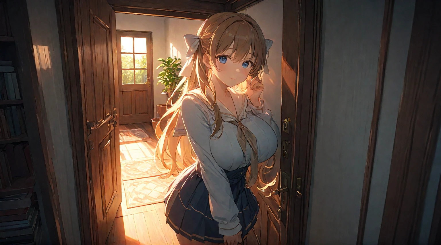 (best quality, 4k, 8K, high resolution, masterpiece: 1.2), Very detailed, (nobody: 1.5), Outside the door,Open door, indoor,cozy indoor, lamp, bookshelf, Potted plants,Sunlight