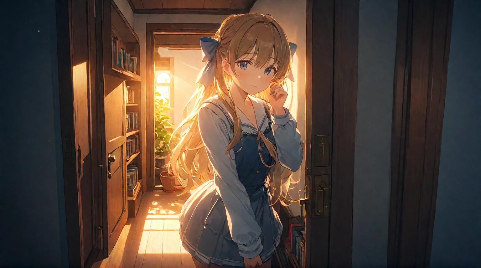 (best quality, 4k, 8K, high resolution, masterpiece: 1.2), Very detailed, (nobody: 1.5), Outside the door，Open door， indoor，cozy indoor, lamp, bookshelf, Potted plants，Sunlight