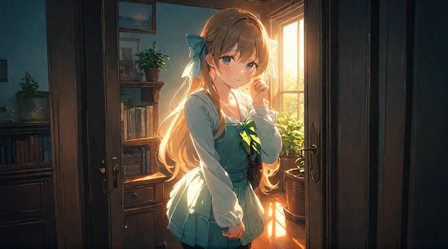 (best quality, 4k, 8K, high resolution, masterpiece: 1.2), Very detailed, (nobody: 1.5), Outside the door,Open door, indoor,cozy indoor, lamp, bookshelf, Potted plants,Sunlight