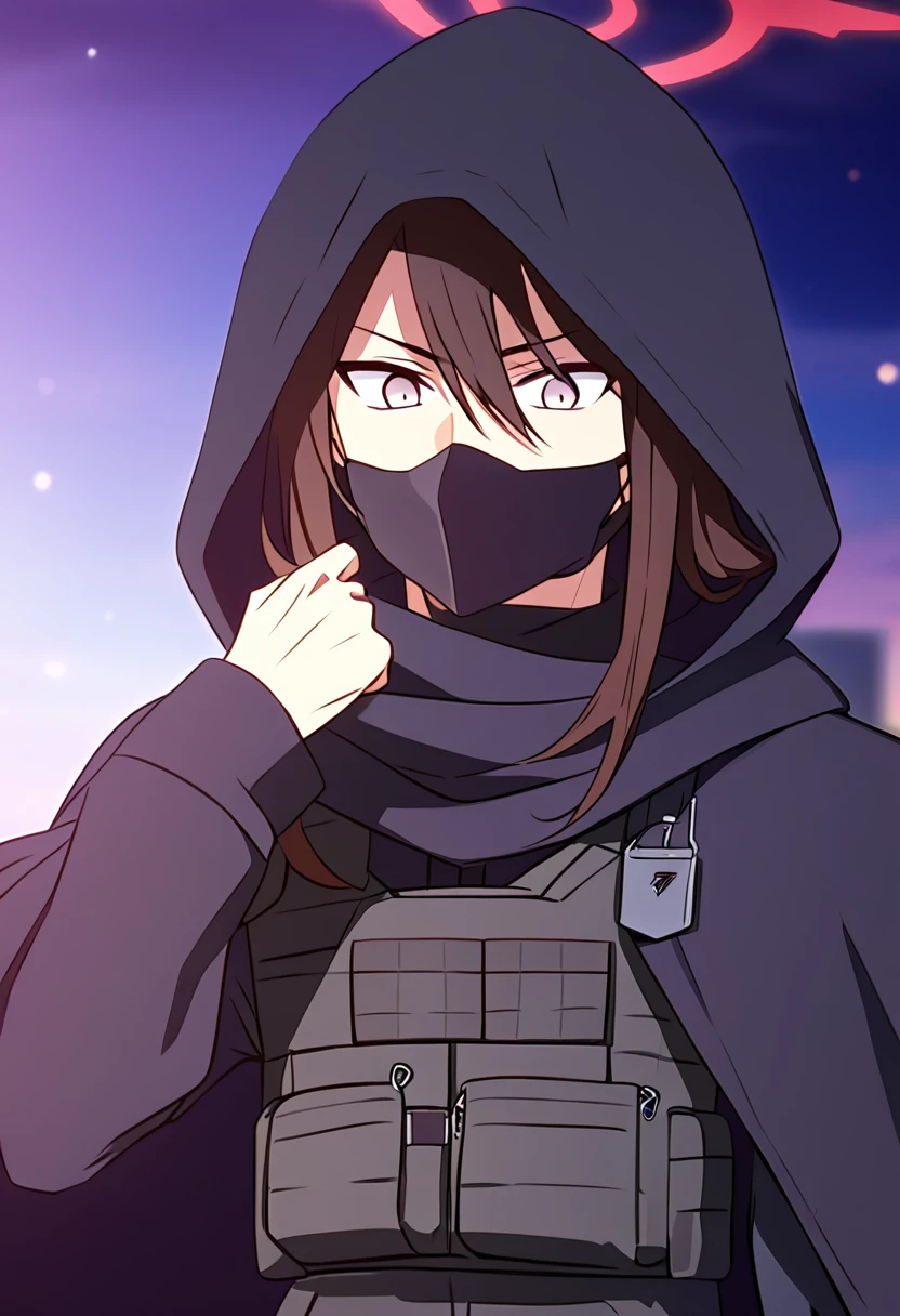 Anime male, black messy hair, white eyes, black facemask covering both mouth and nose, black hood, black long scarf, black cloak, tactical vest, black pants, black shirt, serious face expression, (best quality), Tactical outfit, one person, cool