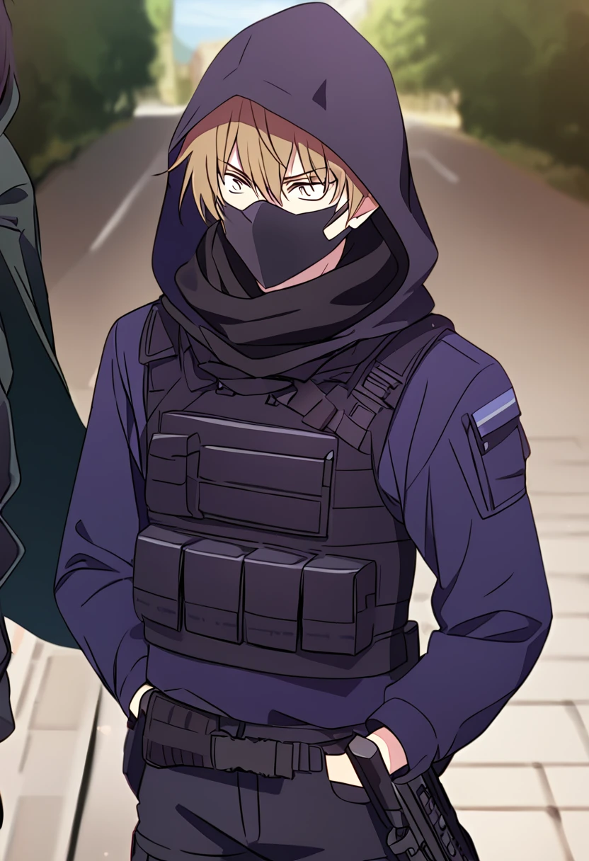 Anime male, black messy hair, white eyes, black facemask covering both mouth and nose, black hood, black long scarf, black cloak, tactical vest, black pants, black shirt, serious face expression, (best quality), Tactical outfit, one person, cool