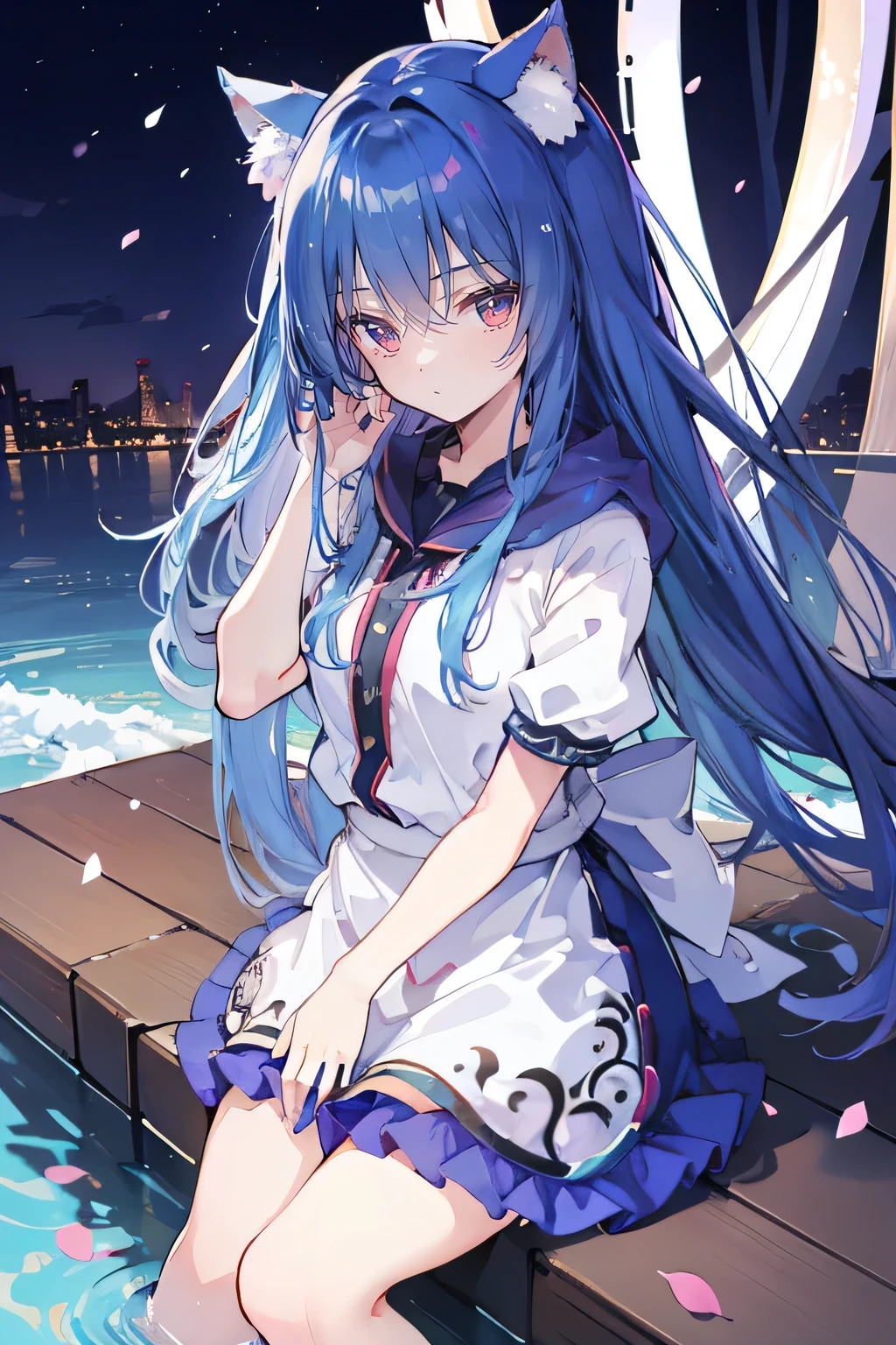 （masterpiece：1.2），Super detailed，lifelike，Expressive eyes，fair skin，perfect face shape，1 girl，
Japanese comics,Gorgeous blue hair,flowing blue hair,flowing clothes,Cat ears,Petals fall,beautiful lola,Baby Angel,
Shaking head with one hand，Cross your legs，Gentle and peaceful background，The pavilion is cool and comfortable,smile, wearing hoodie, background of tokyo,back views,snowing, winter,lie on the water. 