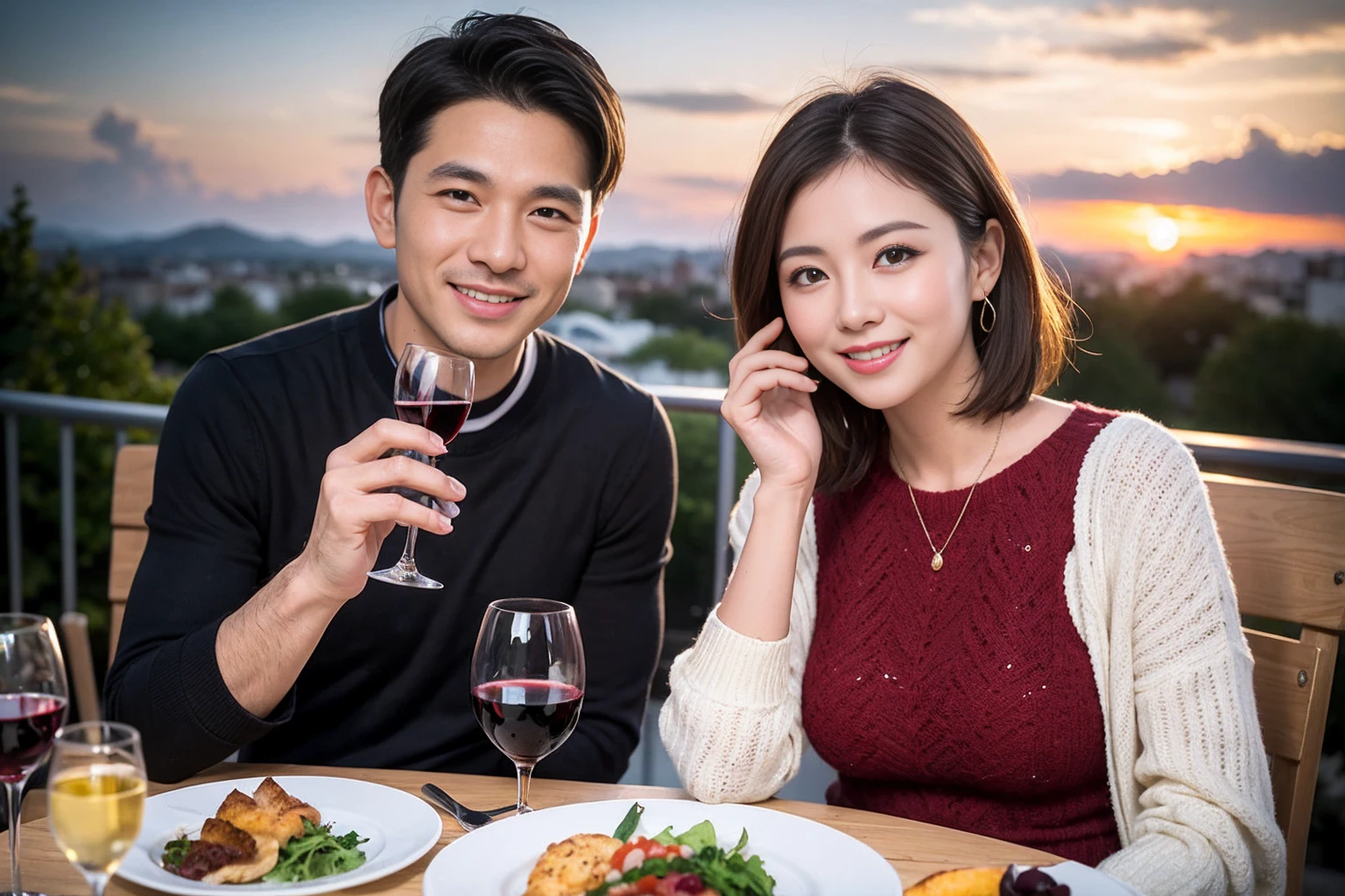 ((Highest quality、8k、masterpiece:1.3))、 (Genuineistic, Genuine、Bright image、Intricate details:1.2), Best smile 1 man 1 woman、Beautiful Couple、spouse、Couple、spouse、Beautiful Couple、Smile、full-course dinner、 (Slim face), (The body is slim), (Brown Hair), (short hair), テーブルの上のwine glass、Please shine a light on my face、 Amazing view of the sunset sky and clouds、 (Age 36), 41 years old, red wine 、Appetizers、Wine bottle、sparkling wine、Long sleeve shirt、dress、White wine, red wine, wine glass,