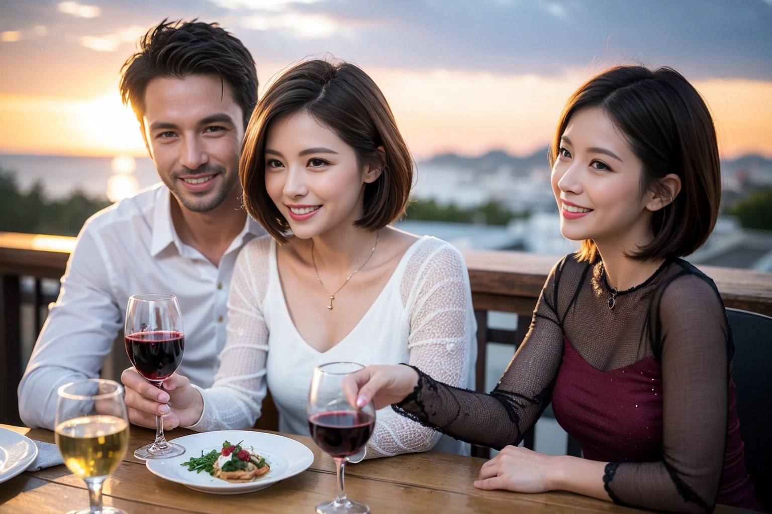 ((Highest quality、8k、masterpiece:1.3))、 (Genuineistic, Genuine、Bright image、Intricate details:1.2), Best smile 1 man 1 woman、Beautiful Couple、spouse、Couple、spouse、Beautiful Couple、Smile、full-course dinner、 (Slim face), (The body is slim), (Brown Hair), (short hair), テーブルの上のwine glass、Please shine a light on my face、 Amazing view of the sunset sky and clouds、 (Age 36), 41 years old, red wine 、Appetizers、Wine bottle、sparkling wine、Long sleeve shirt、dress、White wine, red wine, wine glass, 