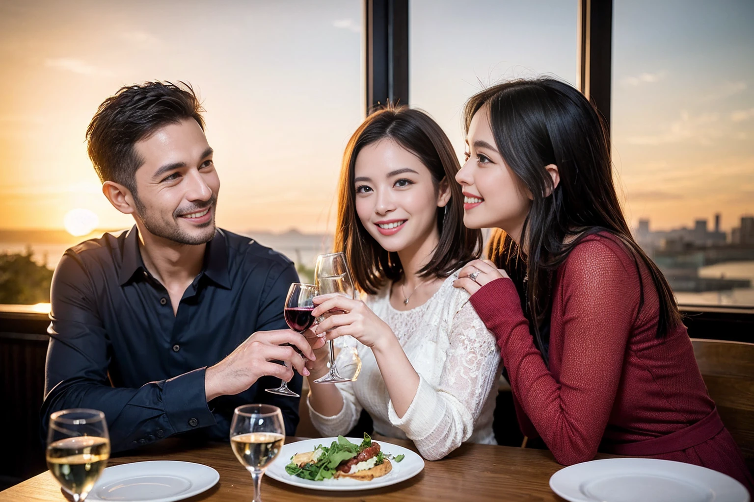 ((Highest quality、8k、masterpiece:1.3))、 (Genuineistic, Genuine、Bright image、Intricate details:1.2), Best smile 1 man 1 woman、Beautiful Couple、spouse、Couple、spouse、Beautiful Couple、Smile、full-course dinner、 (Slim face), (The body is slim), (Brown Hair), (short hair), テーブルの上のwine glass、Please shine a light on my face、 Amazing view of the sunset sky and clouds、 (Age 36), 41 years old, red wine 、Appetizers、Wine bottle、sparkling wine、Long sleeve shirt、dress、White wine, red wine, wine glass,