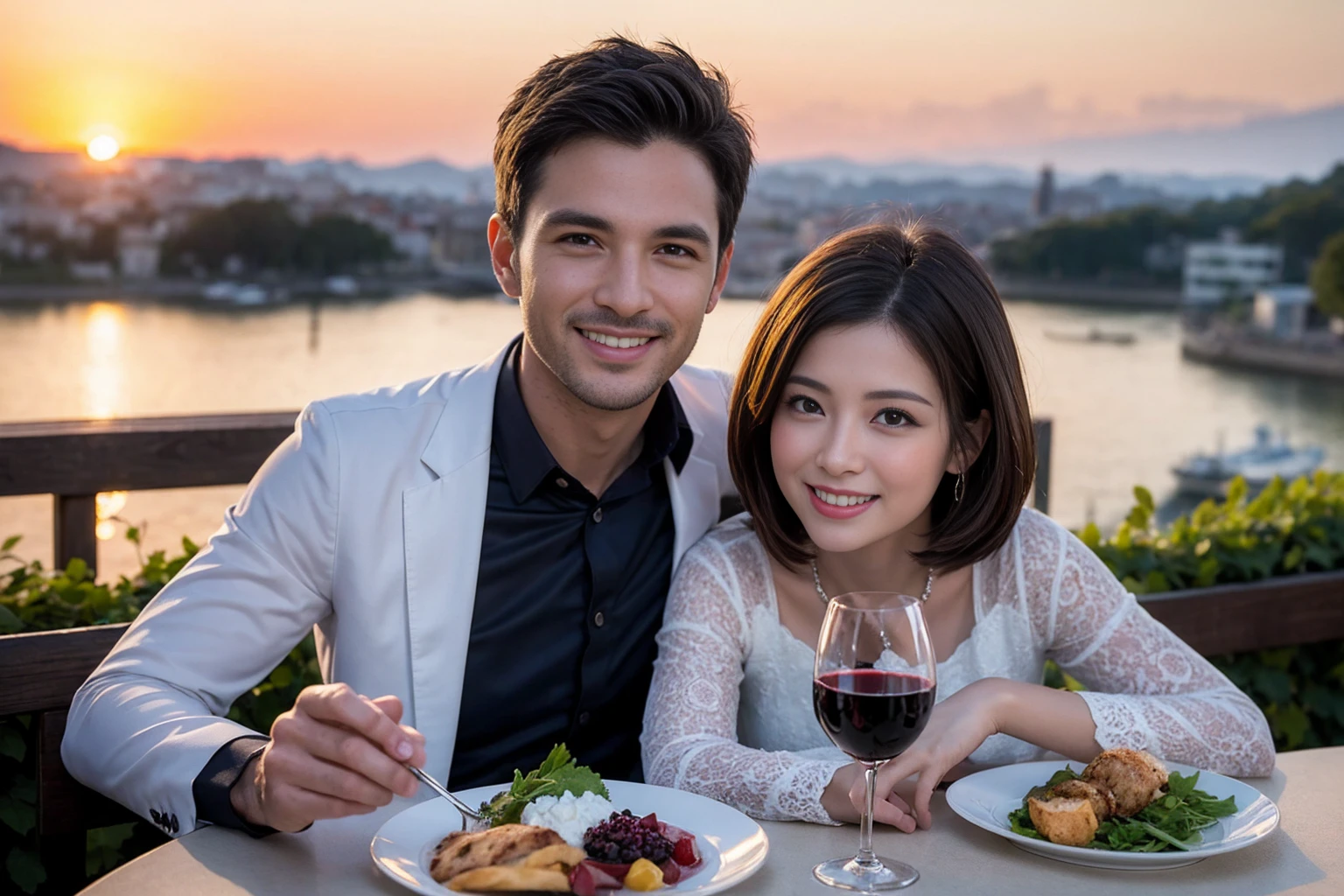((Highest quality、8k、masterpiece:1.3))、 (Genuineistic, Genuine、Bright image、Intricate details:1.2), Best smile 1 man 1 woman、Beautiful Couple、spouse、Couple、spouse、Beautiful Couple、Smile、full-course dinner、 (Slim face), (The body is slim), (Brown Hair), (short hair), テーブルの上のwine glass、Please shine a light on my face、 Amazing view of the sunset sky and clouds、 (Age 36), 41 years old, red wine 、Appetizers、Wine bottle、sparkling wine、Long sleeve shirt、dress、White wine, red wine, wine glass, 
