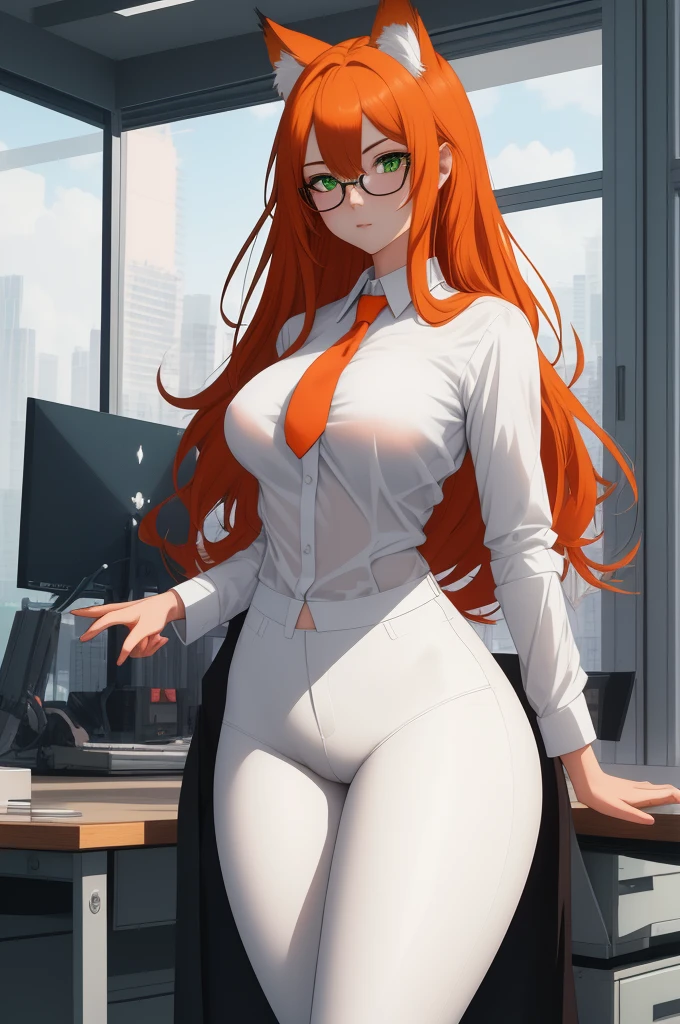 (masterpiece, Best quality), 8K, ultra detailed, realistic photo, Detailed face, perfect lighting, green eyes, bright orange hair, bright hair, fox ears, nice legs, side photo, beautiful, Cute, skin pores, 1 girl, perfect shirt, fully dressed, beautiful women 30 years old, Beautiful proportions, Russian woman, Caucasian, European, Business lady, stunningly beautiful woman, mother, thick legs, show ass, big breasts, (Thin white shirt:1.4), thick, hot, (White Office Wear:1.4), tight pants, (wide hips:1.2), thick, (white Office pants:1.3), spread your legs, Legs open, full length, wide hips, Glasses, with long orange hair, standing on the beach near the ocean, green eyes detailed digital anime art, cat ear, anime girl with long hair, гладкое аниме cg art, anime girl with long hair, digital anime art, work in Guweiz style, Beautiful anime portrait, Photorealistic render of an anime girl, pantyhose, Beautiful anime girl, advanced digital anime art, guweiz на artstation pixiv HD UHD HQ