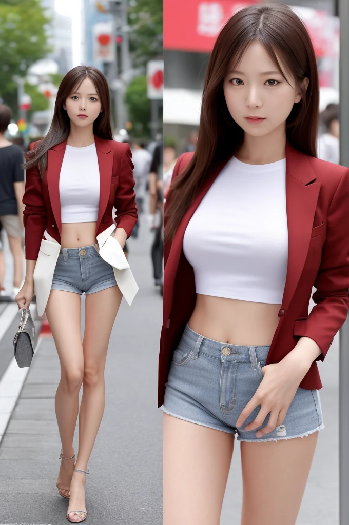 a beautiful face of a 22 year old actress, perfect proportions of woman's body, blazer is worn with t-shirt, woman's crotch and thighs, low rise denim shorts are worn with panties, panties between legs are able to be seen because shorts are too short, at street in the city, japanese, nsfw, best quality, highly detailed, masterpiece, ultra high res, photo realistic, 8k