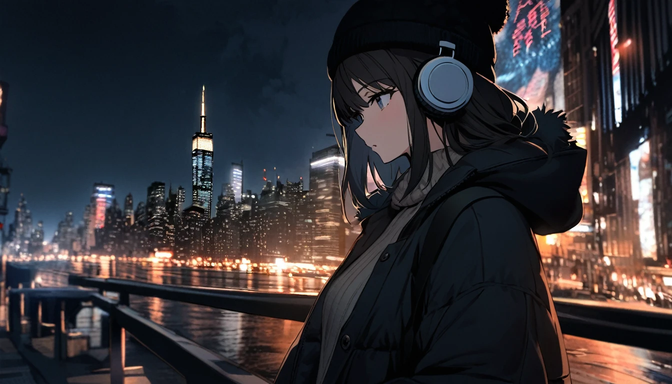 one girl with headphones, walks in streets of NYC, 22 years old, brunette hair, winter night. beautiful landscape of NYC,  in night sky, travel, tourist, sweater, gloves, black winter hat, long black hair, 
